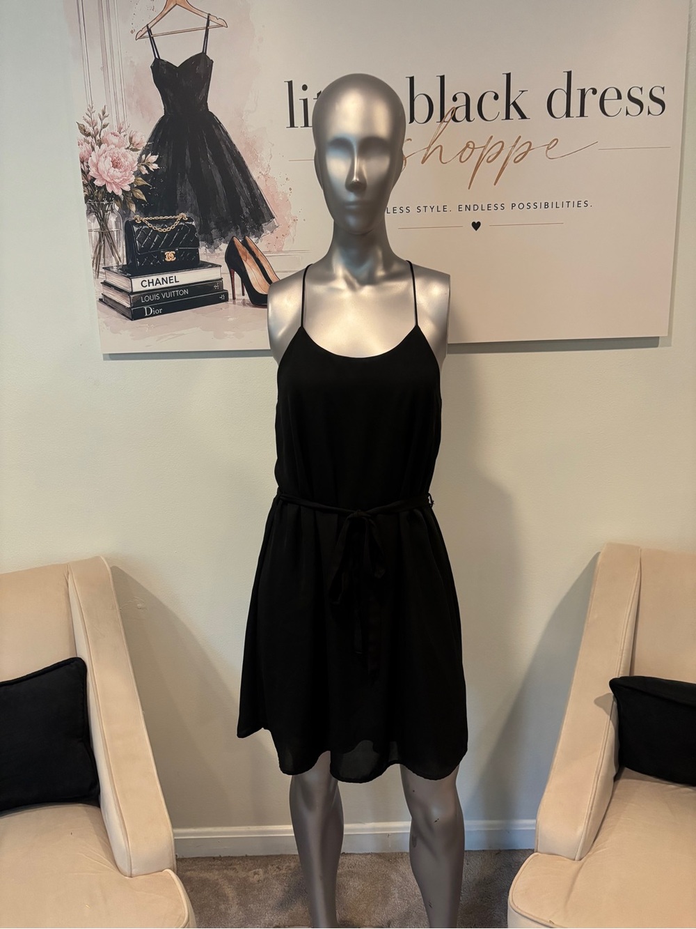 finn & clover Black Spaghetti-Strap Tie-Waist Mini Dress